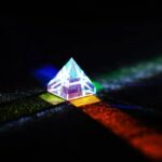 Pyramide en verre transparent avec effets lumineux multicolores projetés dessus, créant un jeu de lumières et de couleurs sur une surface sombre.