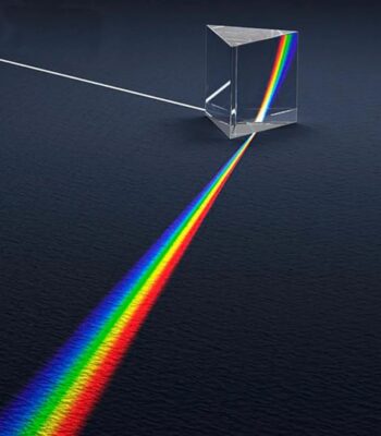 Prisme en verre transparent dispersant la lumière blanche en un spectre arc-en-ciel sur une surface sombre.