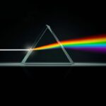 Illustration d'un prisme en triangle dispersant la lumière blanche en un spectre de couleurs arc-en-ciel, symbolisant la dispersion de la lumière et la science optique.