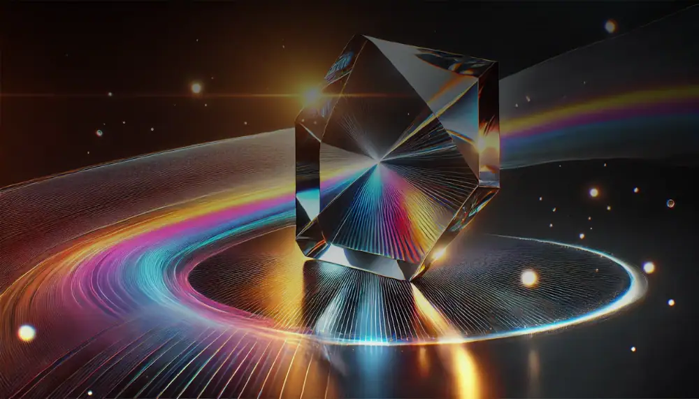 Pierre en cristal avec effets lumineux et cosmos.