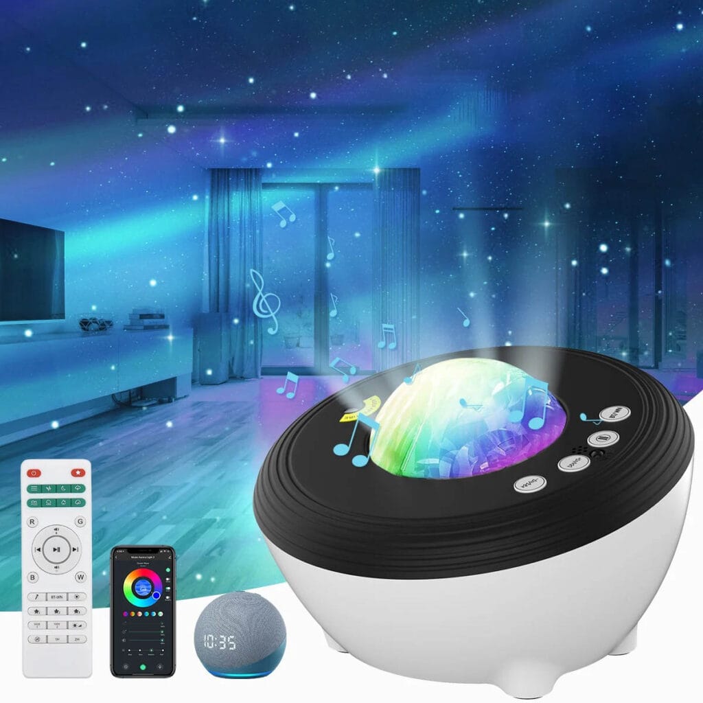 Projecteur musical avec effets lumineux étoilés et enceinte Bluetooth intégrée.