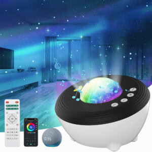 Projecteur musical avec effets lumineux étoilés et enceinte Bluetooth intégrée.