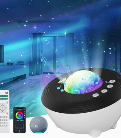 Projecteur musical avec effets lumineux étoilés et enceinte Bluetooth intégrée.