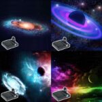 Panneau d'affichage avec images de galaxies, planètes et phénomènes cosmiques dans un décor spatial vibrant.