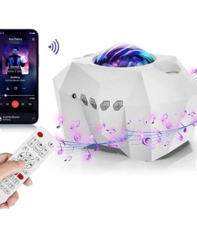 Enceinte scientifique innovante avec projection lumineuse et diffusion musicale via smartphone, idéale pour décoration et ambiance scientifique.