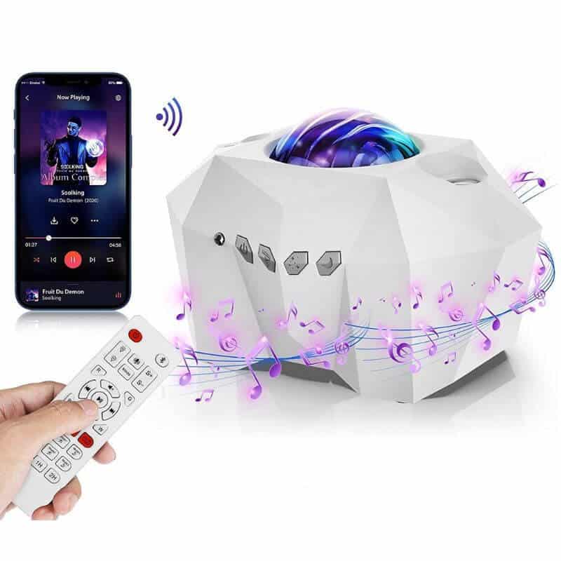 Enceinte scientifique innovante avec projection lumineuse et diffusion musicale via smartphone, idéale pour décoration et ambiance scientifique.