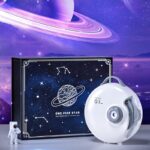 Dispositif scientifique en forme de planète avec affichage numérique, décoré d’un fond étoilé et d’un ciel cosmique avec anneaux de Saturne, idéal pour décoration de science.