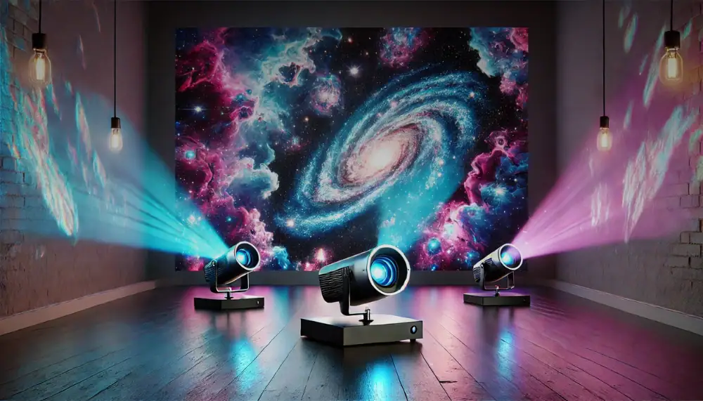 Projecteurs de scène illuminant un mur avec une image de galaxie et d'espace.