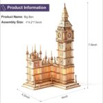Miniature Big Ben en bois avec éclairage intégré, parfait pour la décoration scientifique ou comme objet de collection. Dimensions : 4 x 4 x 7,5 pouces.
