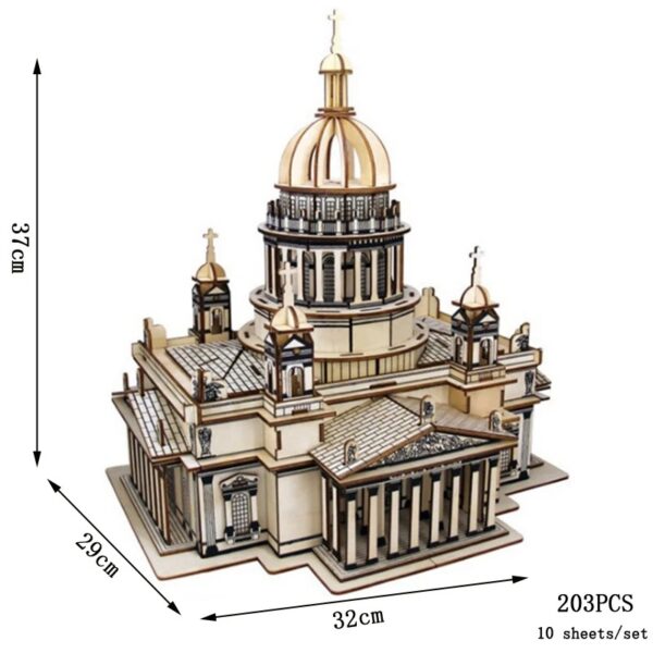 Modèle réduit en bois d'une cathédrale avec dômes et détails architecturaux, idéal pour décoration scientifique ou éducative.