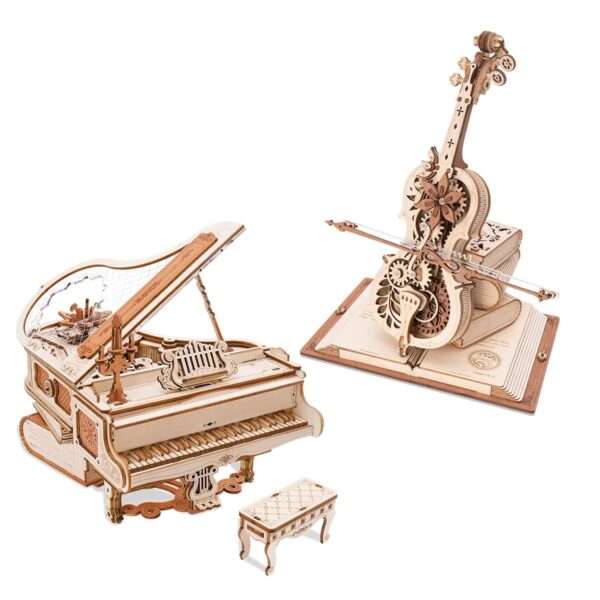 Piano en bois mécanique détaillé avec accessoires éducatifs en bois, parfait pour la décoration scientifique et l'apprentissage ludique.