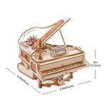 Piano miniature en bois, jouet décoratif ou collection, avec détails précis et dimensions indiquées, idéal pour décoration ou collection scientifique.