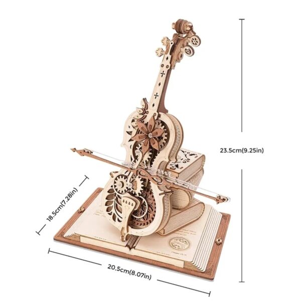 Science Gadgets, modèle en bois d’un violon miniature avec engrenages et détails mécaniques.