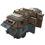 Modèle réduit en bois d'un van vintage avec toit ouvrant, fenêtres et détails réalistes, parfait pour la décoration ou la collection scientifique.