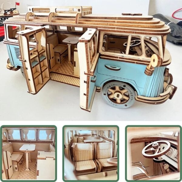 Balade en van miniature en bois, parfait pour décoration ou collection scientifique, avec détails réalistes et finition soignée.