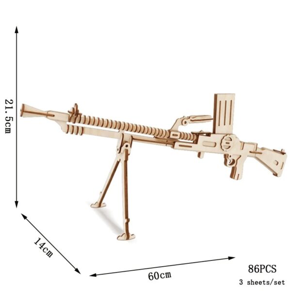 Fusil en bois artisanal, parfait pour la décoration de style scientifique ou comme objet de collection. Dimensions : 60 cm de long, 21,5 cm de haut, 14 cm de profondeur, composé de 86 pièces.