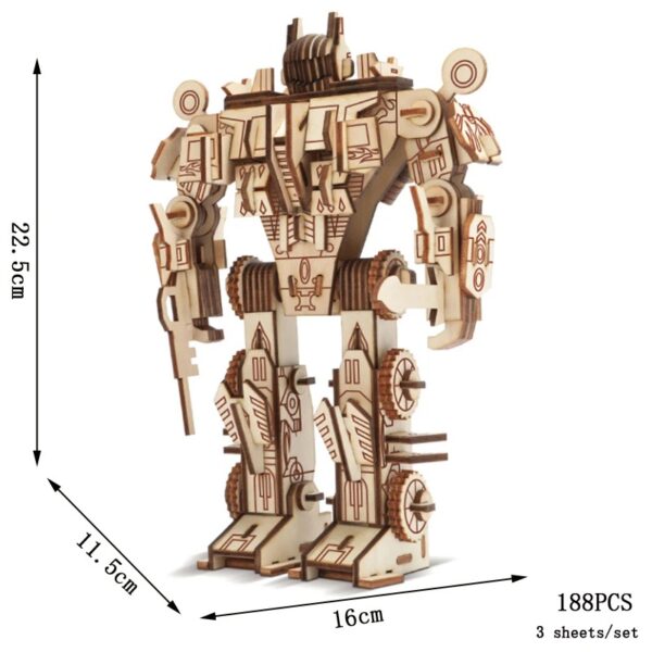 Robot en bois artisanal, pièce de décoration scientifique, design mécanique détaillé, hauteur 22,5 cm, fabriqué avec 188 pièces, parfait pour collectionneur ou décorateur.