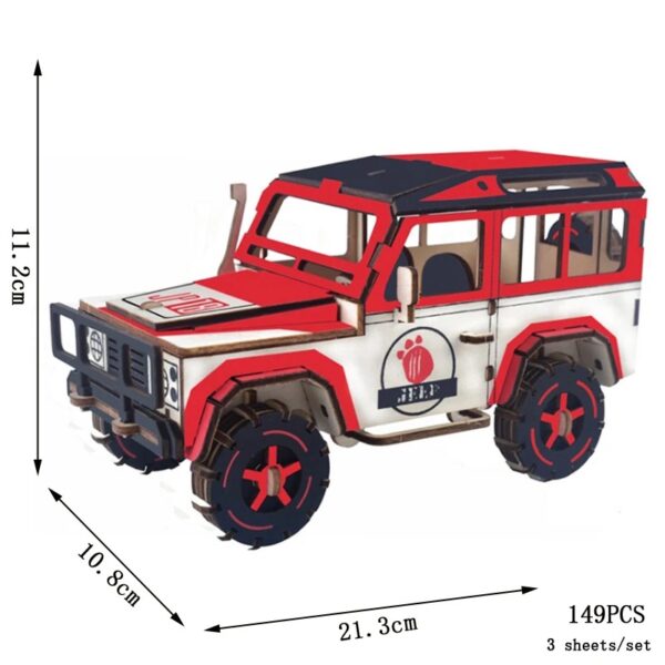Véhicule en bois 4x4 éducatif pour enfants, modèle miniature avec dimensions précises, parfait pour stimuler l'imagination et l'apprentissage des jeunes passionnés de véhicules.