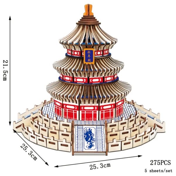 Modèle en bois 3D d'une pagode chinoise avec détails architecturaux, dimensions précises, parfait pour décoration ou projet éducatif.