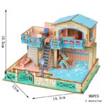 Maison miniature en bois avec piscine, terrasse et toboggan pour jeu et décoration.