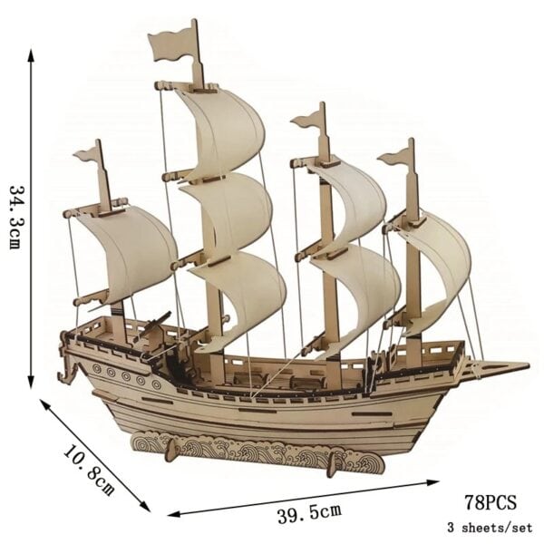 Navire en bois avec voiles en tissu, modèle de bateau pirate ou ancien, décoration de collection, parfait pour un intérieur maritime ou nautique.