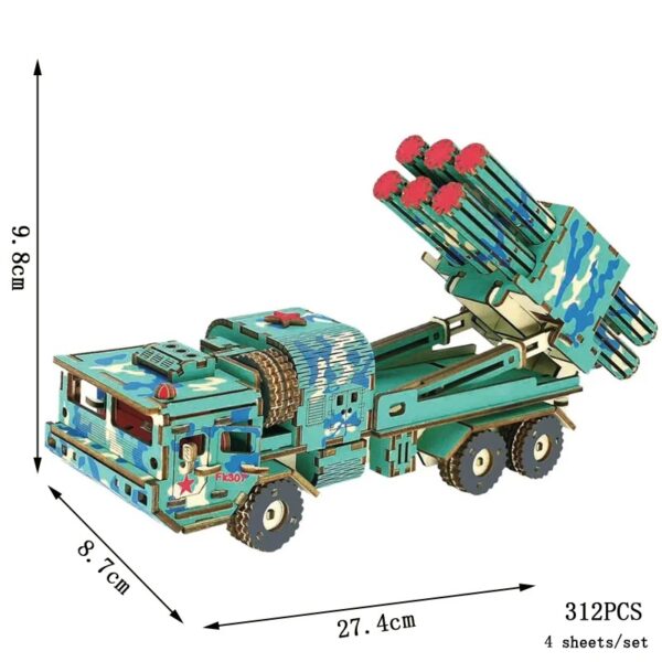 Véhicule militaire en kit de construction avec missile, dimensions 27.4 cm x 8.7 cm x 6.8 cm, composé de 312 pièces, idéal pour les amateurs de modélisme et de sciences.
