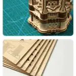 Pupitre d'architecture en bois laser gravé, parfait pour les amateurs de modélisme et de décoration scientifique, avec un design détaillé et précis.