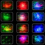Images de phénomènes cosmiques colorés avec des explosions de lumière, étoiles et nébuleuses dans différentes couleurs vives sur fond noir.