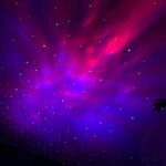 Projection laser avec ciel étoilé coloré et points lumineux sur plafond.
