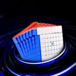 Cube Rubik lumineux avec LED colorées, posé sur un fond futuriste, illustrant la science et la technologie.