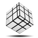 Cube de Rubik avec surface métallique, design moderne, vue en perspective, idéal pour la décoration scientifique ou ludique.