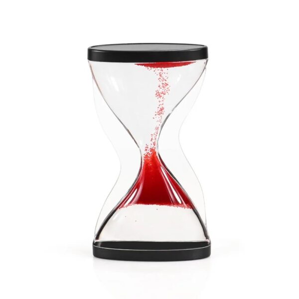 Horloge à sable avec sable rouge dans un cadre en verre transparent, symbole du temps qui passe, idéale pour la décoration scientifique ou comme objet de bureau.