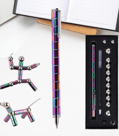 Stylo à bille coloré avec accessoires scientifiques en métal, comprenant un ensemble de boules et de pièces pour la décoration ou la création de modèles scientifiques.
