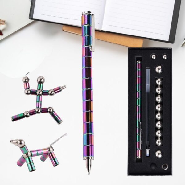 Stylo à bille coloré avec accessoires scientifiques en métal, comprenant un ensemble de boules et de pièces pour la décoration ou la création de modèles scientifiques.