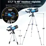 Lunette astronomique avec trépied ajustable, idéale pour l'observation du ciel nocturne, facile à manipuler avec une hauteur réglable jusqu'à 48 pouces, parfait pour débutants et passionnés.