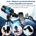 Telescope astronomique avec support pour smartphone et caméra Bluetooth, idéal pour l'observation du ciel et la photographie astronomique. Facile à utiliser avec connectivité sans fil.