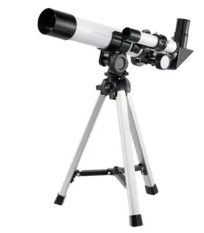 Télescope astronomique blanc et noir avec trépied, idéal pour l'observation des étoiles et des planètes, parfait pour les amateurs de sciences et d'astronomie.