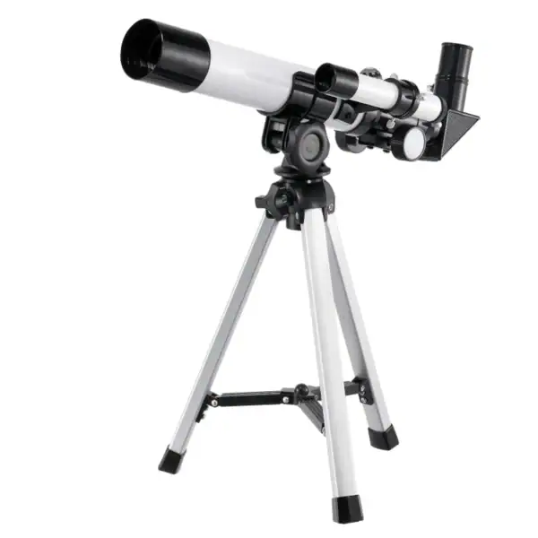 Télescope astronomique blanc et noir avec trépied, idéal pour l'observation des étoiles et des planètes, parfait pour les amateurs de sciences et d'astronomie.