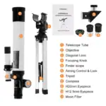 Télescope avec tube, objectif, lentille diagonale, oculaire, et accessoires pour observation céleste. Parfait pour astronomes amateurs et passionnés d'astronomie.
