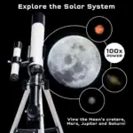 Télescope pour l'observation du système solaire, incluant la Lune, Mars, Jupiter et Saturne, avec zoom 100x pour des détails précis.
