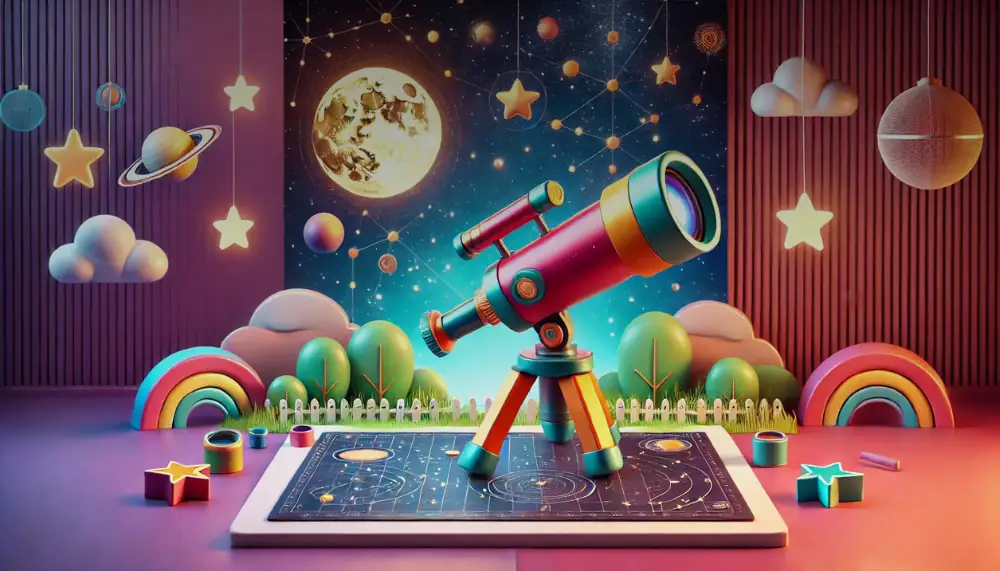 Télescope coloré pour l'observation du ciel, avec décor spatial de nuages, étoiles, lune et planètes en arrière-plan, idéal pour la décoration scientifique et éducative.