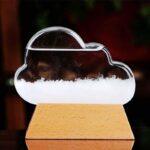 Nuage en verre transparent avec neige artificielle à l'intérieur, posé sur une base en bois, illustrant un phénomène météorologique miniature.