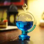 Vase de laboratoire en verre contenant un liquide bleu, utilisé pour des expériences scientifiques ou comme décoration.