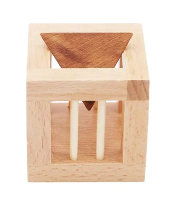 Objet scientifique en bois, cube avec pyramide intérieure, parfait pour décoration ou expérience éducative.