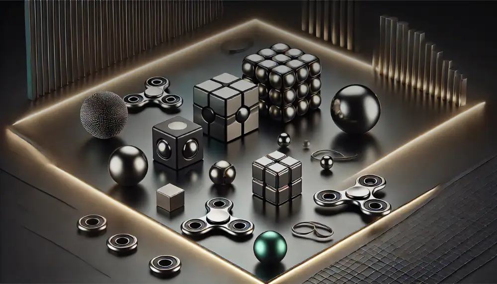 Objet scientifique décoratif avec sphères, cubes et spirales métalliques, illuminé dans un cadre élégant et contemporain.