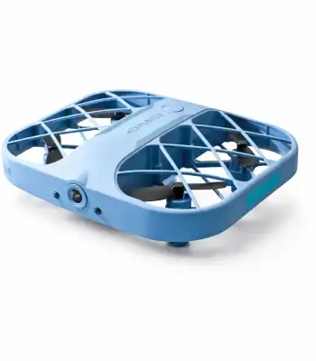 Drone quadricoptère léger pour photographie aérienne, surveillance et loisirs, avec cadre en plastique bleu et hélices noires.