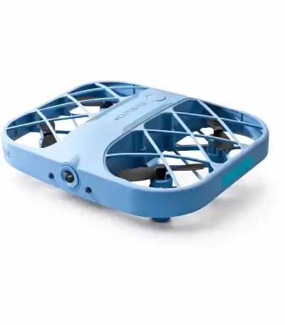 Drone quadricoptère léger pour photographie aérienne, surveillance et loisirs, avec cadre en plastique bleu et hélices noires.