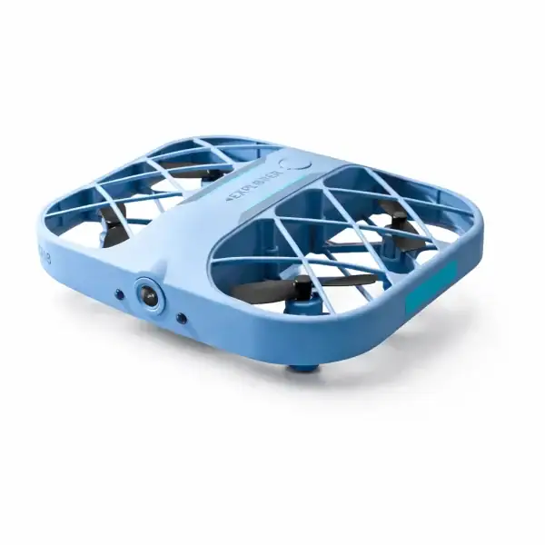 Drone quadricoptère léger pour photographie aérienne, surveillance et loisirs, avec cadre en plastique bleu et hélices noires.
