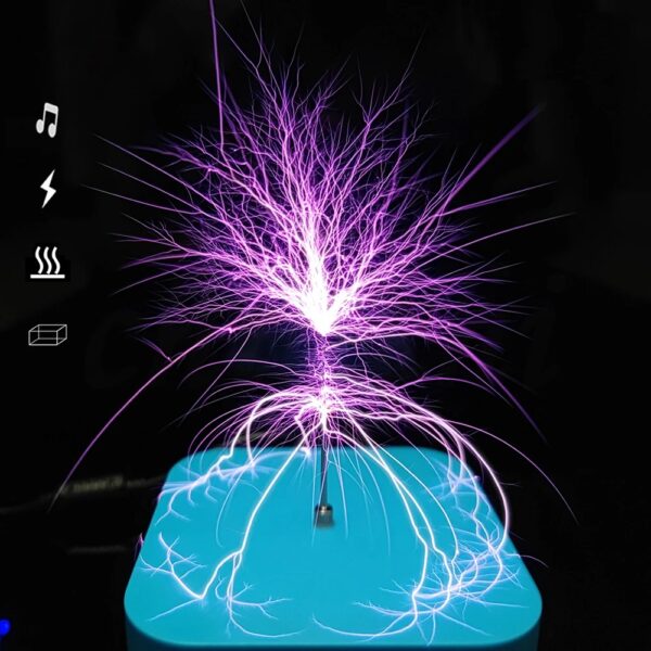 Illustration d'un phénomène de plasma avec des éclairs violets et blancs émanant d'une base bleue, créant un spectacle lumineux spectaculaire dans l'obscurité.