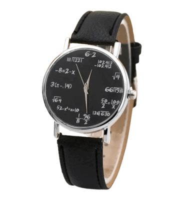 Montre à cadran noir avec formules mathématiques, chiffres et symboles scientifiques, bracelet en cuir noir, design élégant et éducatif, parfait pour les amateurs de science et de mathématiques.
